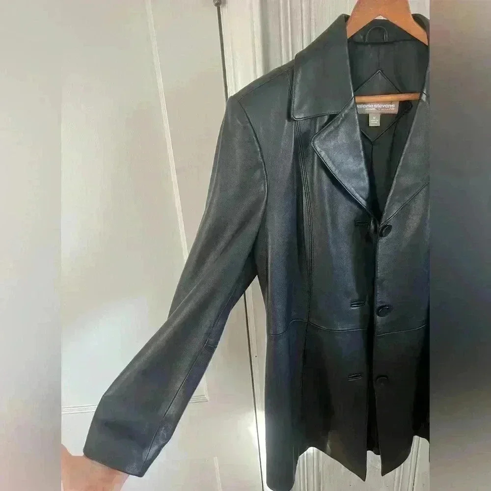 VALERIE STEVENS| Y2K black 100%leather blazer jacket button closure pockets|M - Picture 10 of 16